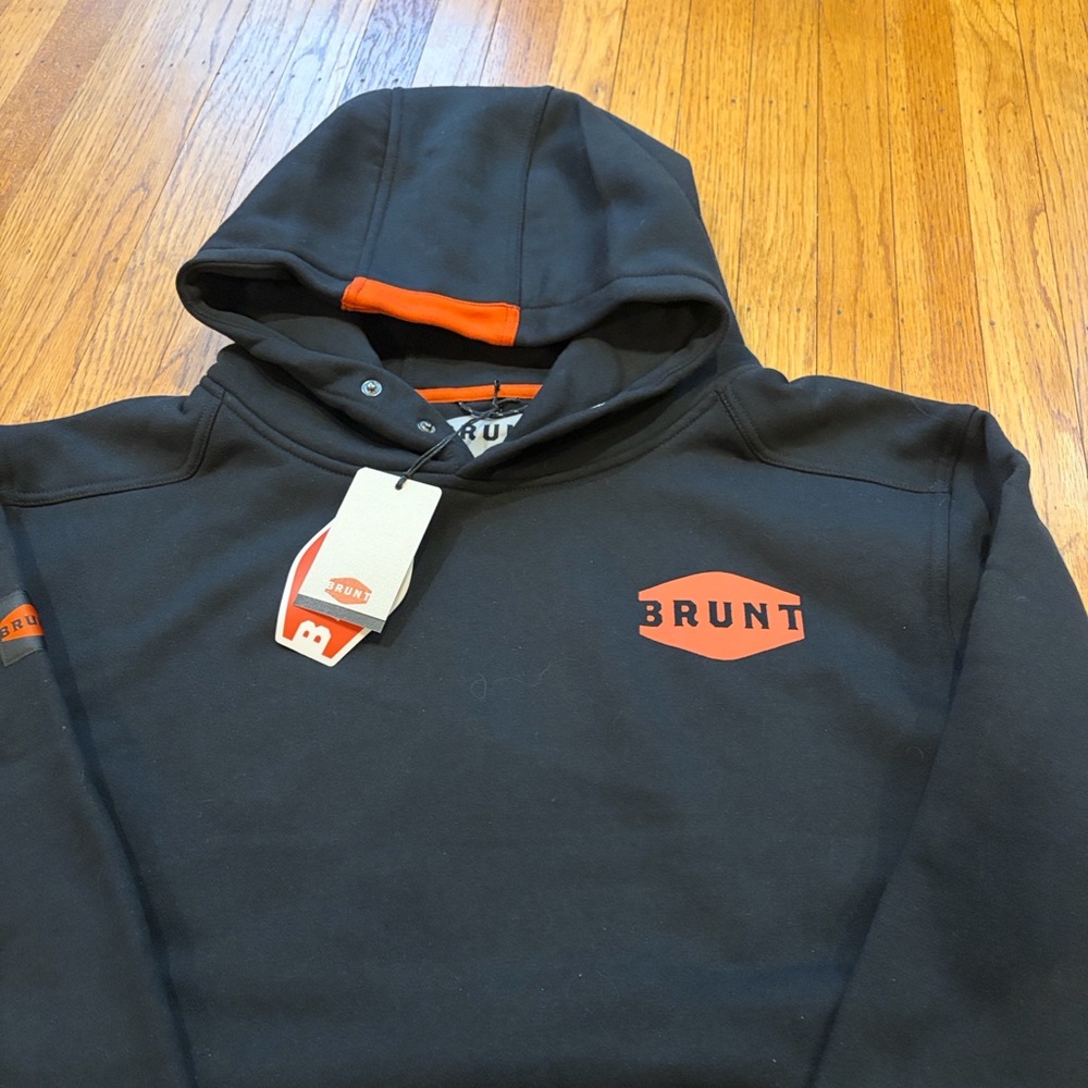 Brunt Workwear Men’s Hoodie Black Orange Logo Pullover Sweatshirt Size L